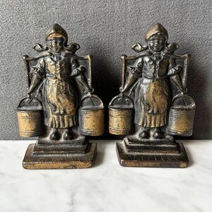 Vintage Dutch Milk Maid Bookends Cast Iron Dutch Girl with Milk Pails Door Stop